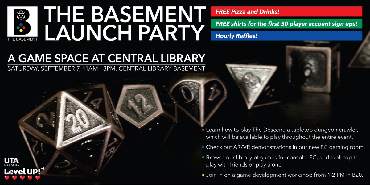 utalibraries's tweet photo. Come down to The Basement's launch party on September 7! #utalibraries #utalibrary #thebasement #utastudents https://t.co/tn9wpAyiWG