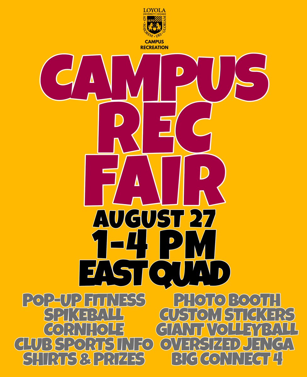 LUCCampusRec's tweet photo. AUGUST 27th. 1-4 PM. EAST QUAD. #WELCOMEWEEK #LUC https://t.co/OZhGV46IUb