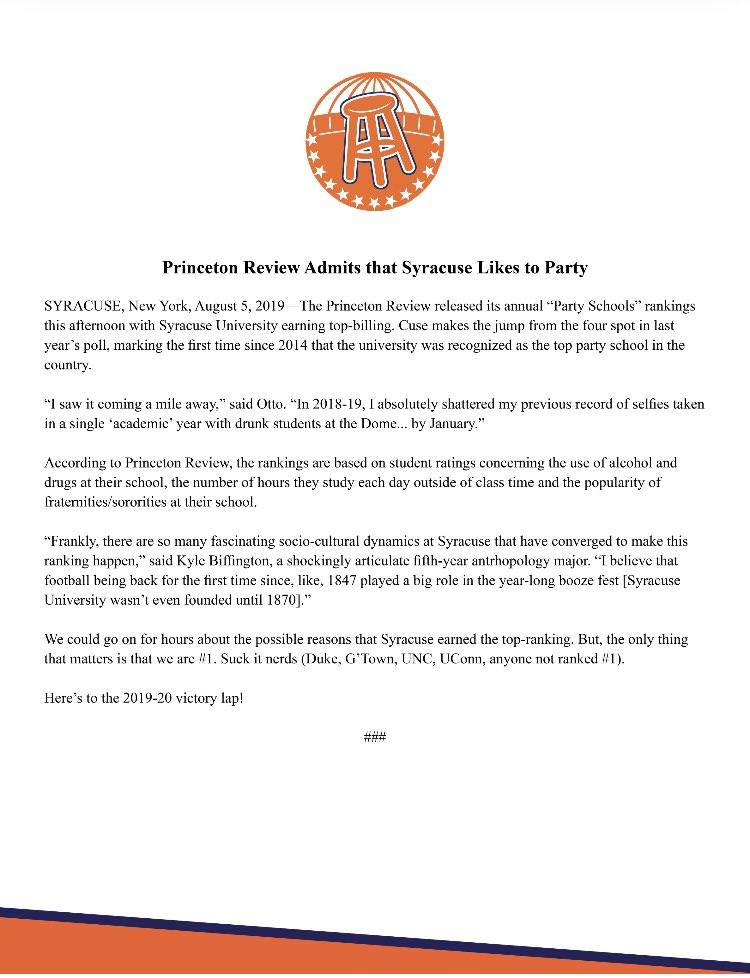 BarstoolCuse's tweet photo. BREAKING: Syracuse named #1 Party School in the Nation by the Princeton Review. 

For Immediate Release: https://t.co/rjn6HMYbbM