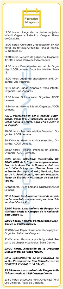 Leganews's tweet photo. FIESTAS | 🎉🗓️ Programa de mañana de las #FiestasLeganes19 #Butarque19 Miércoles 14. Sigue el día a día en Leganews. https://t.co/0Yin7NgYxl