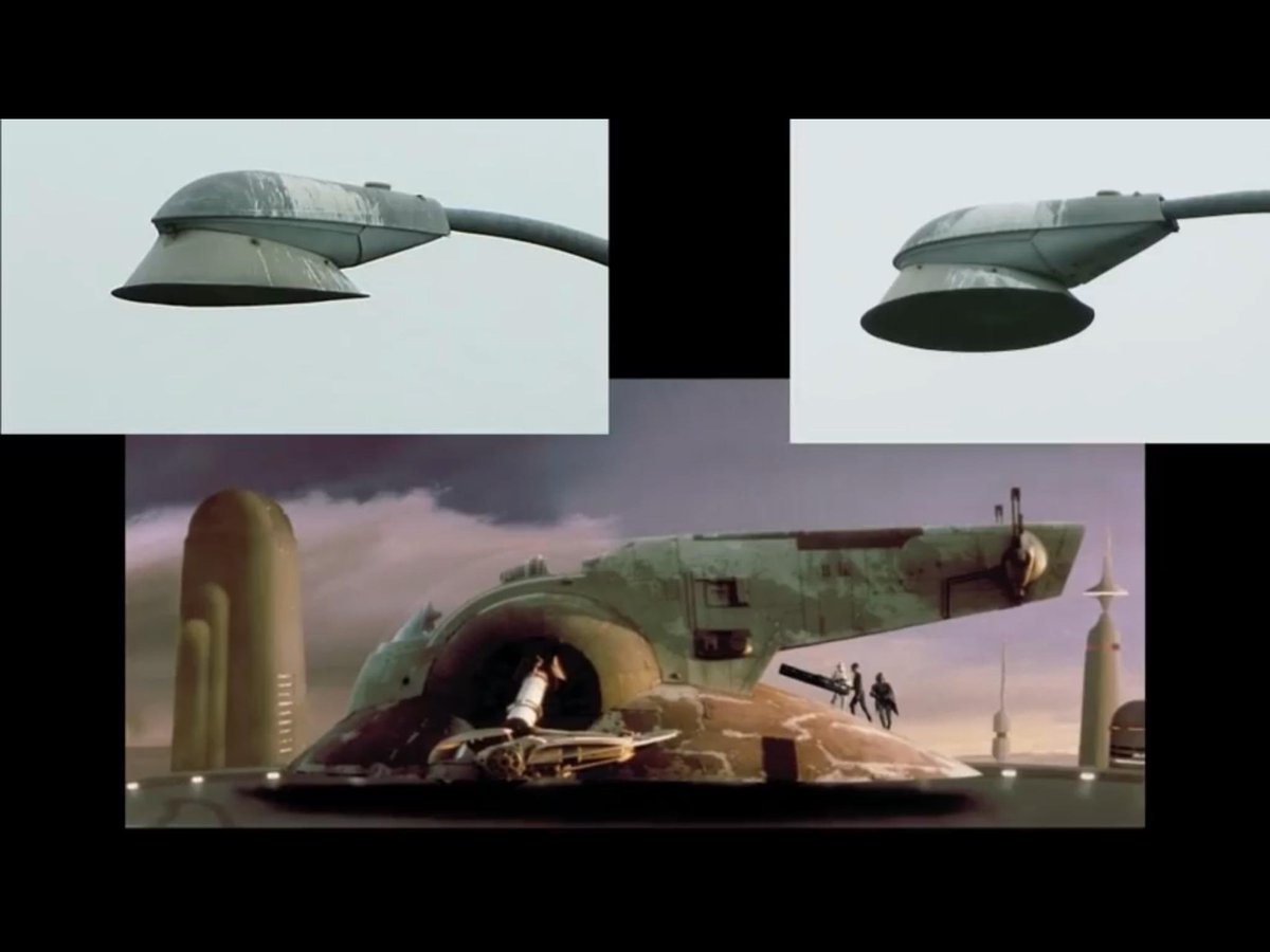 2.  #StarWars creator George Lucas interpreted the round Slave I in 3/4 perspective as an oval so the design changed.3. Only while building the Slave I model did an  @ILMVFX employee point out to Rodis-Jamero that nearby street lamps resembled the ovoid ship.MYTH BUSTED – bei  Lucasfilm Ltd