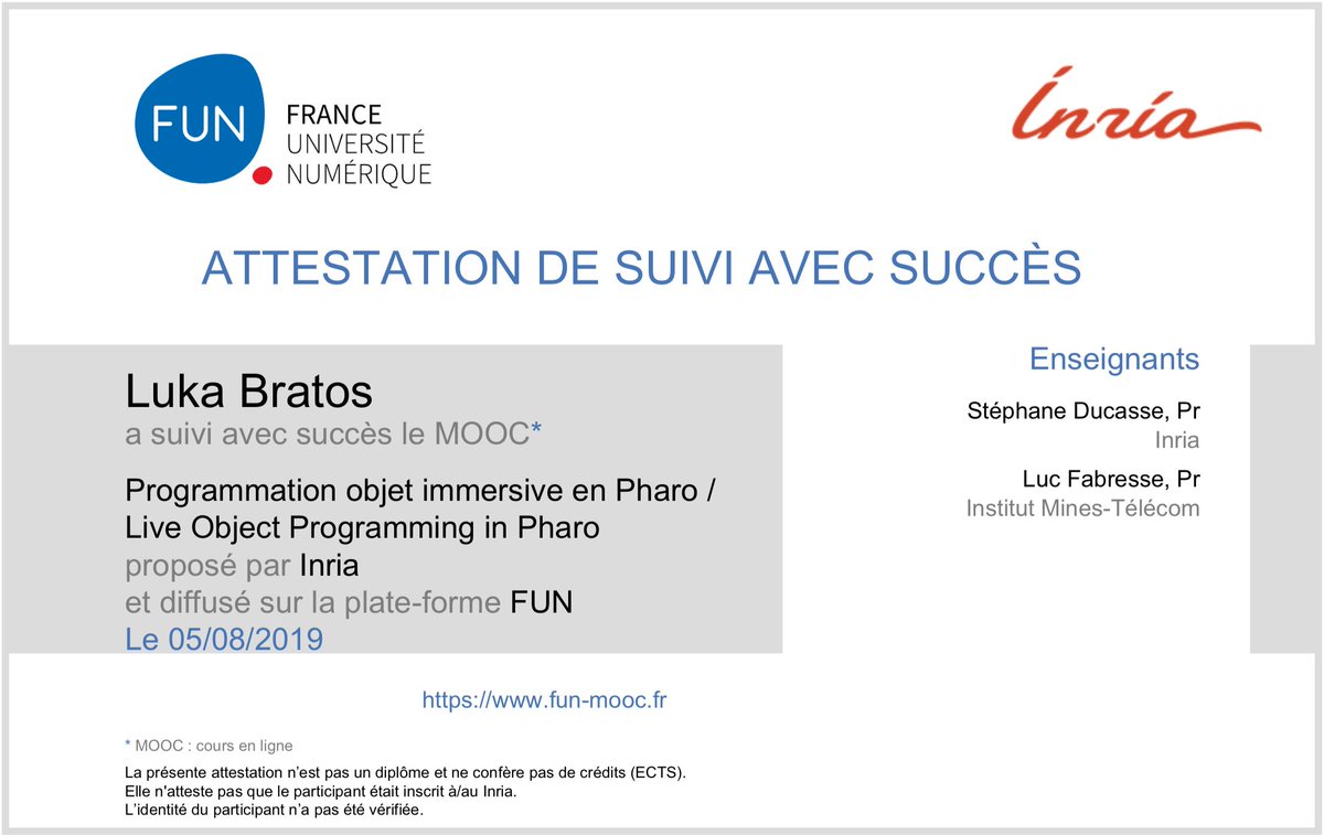 lukabratos's tweet photo. I've successfully completed @FunMooc's Live Object Programming in Pharo today! 🤓🥳 #MOOCPharo @pharoproject https://t.co/TgRBUJDS3V