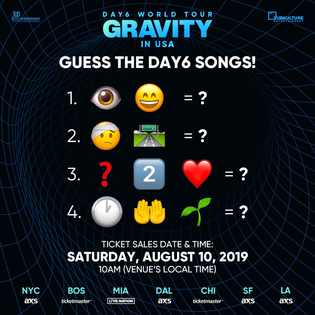 My Day 🍃 Want to see <a href="/day6official/">DAY6</a> live in concert? Enter for your chance to win a pair of 🎟 P1 tickets 🎟 to DAY6 WORLD TOUR ‘GRAVITY’ in USA! Ends Thu, 8/8 @ 11:59PM PDT.

🔔 Tickets for #DAY6GRAVITYinUSA go on sale Sat, 8/10 @ 10AM (Venue’s Local Time)! #DAY6 #데이식스