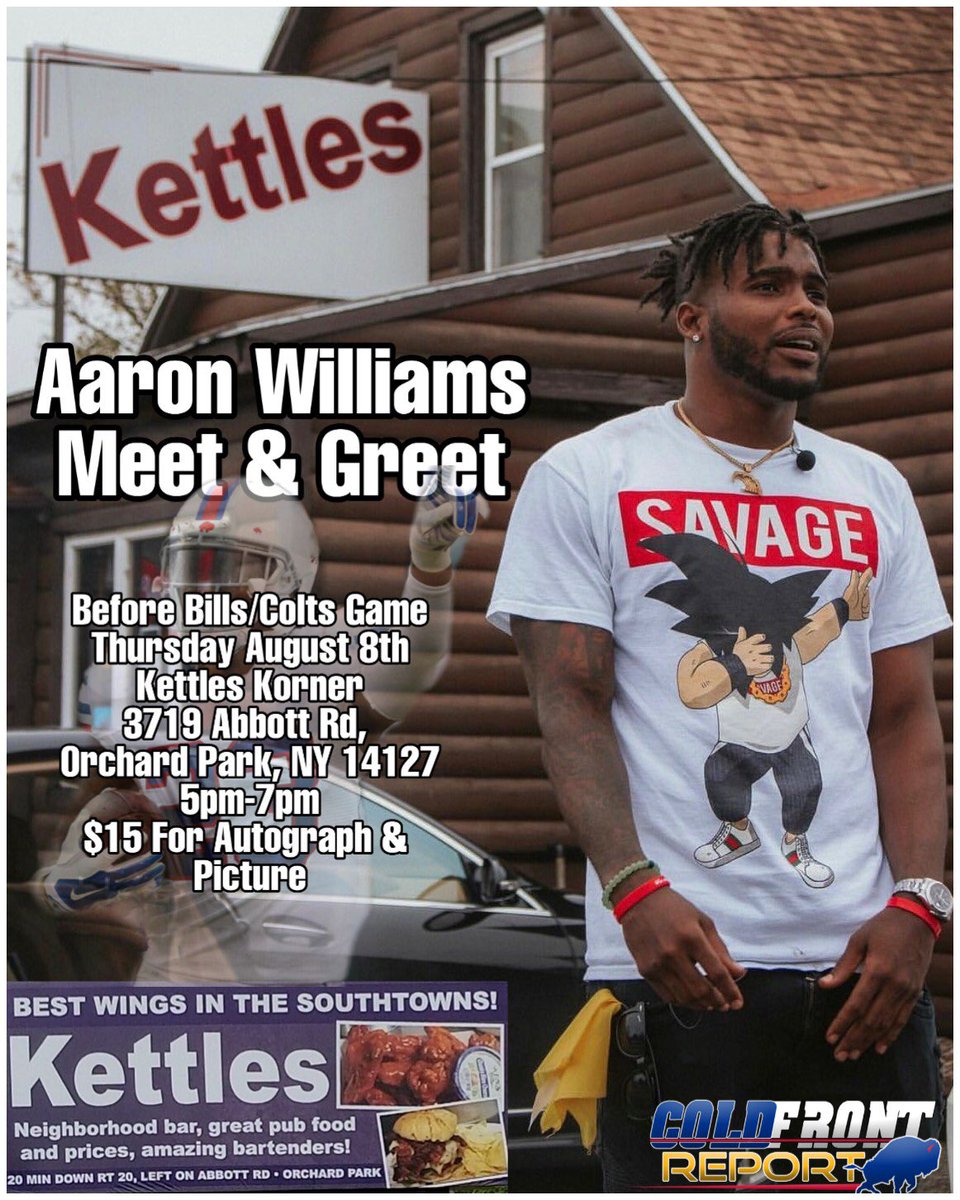 BUFFALO! This Thursday the man himself <a href="/ajwilliams23/">Aaron Williams</a> will be at Kettles on Abbott Rd. before the preseason game. 5:00-7:00!! Save the date and come out! #staywavy