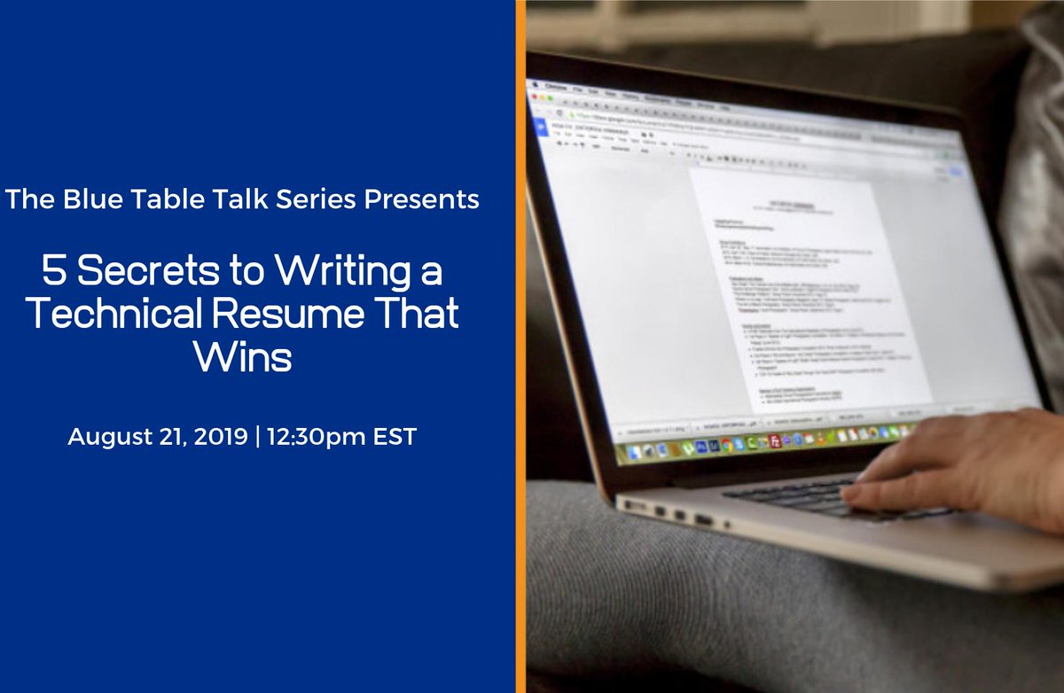 _TechConnect_'s tweet image. Your resume serves as the first impression and you want to make sure it’s a memorable one. Join us on Wednesday, August 21, 2019 at 12:30pm EDT as The Blue Table Talk Series* presents &quot;5 Secrets to Writing a Technical Resume That Wins&quot;.  Sign up Today  bit.ly/2MDdn9q