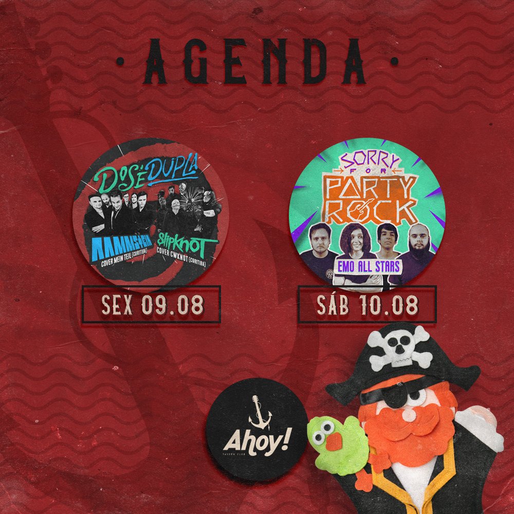 ahoyblumenau's tweet photo. Se liga na agenda da semana e nos próximos shows confirmados, marujxs! ⚓️

- Sexta: Rammstein + Slipknot Cover | #DoseDupla
- Sábado: #SorryForPartyRock com Emo All Stars [entrada FREE*]

31/Ago - #DingoBells [Festinha Indie 5ª edição]
14/Set - #TequilaBaby https://t.co/KsIs2nizKa