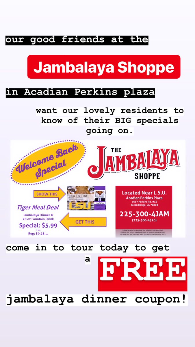 parkplacebr's tweet photo. Our good friends at the Jambalaya Shoppe have great specials running! Come in today and collect a FREE coupon for a Jambalaya dinner on us! https://t.co/jtJ06ESXj1