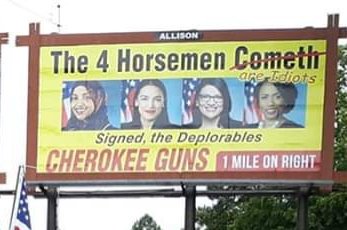 HuffmanForNC's tweet photo. These people rally in support of this hateful billboard in Murphy, NC.

This photo was taken on Aug 4th. Just hours following the mass shootings in #ElPaso &amp; #Dayton where the death toll has risen to 31.

They are now offering bumper stickers of this billboard. #takeitdown https://t.co/MVZ8wVfsav