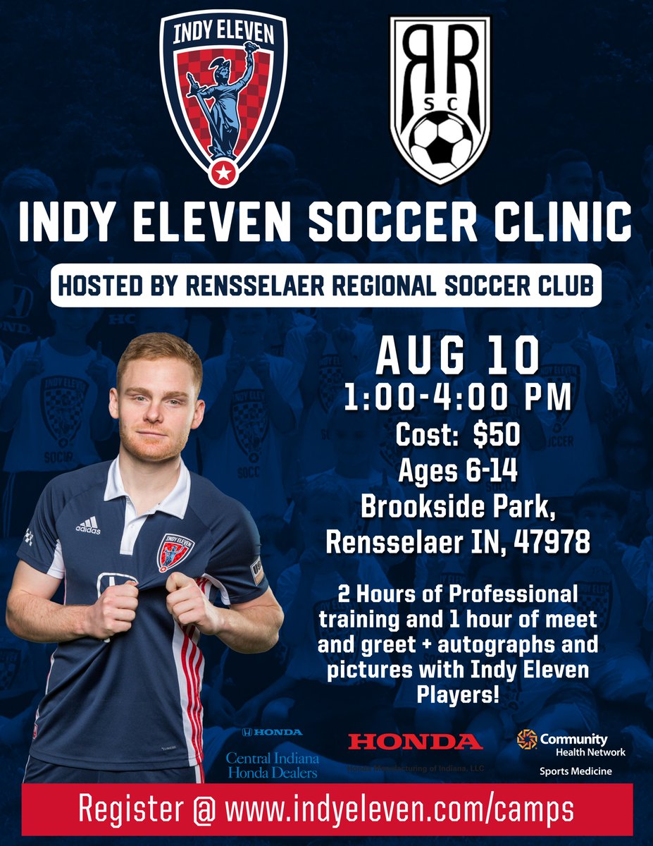 IndyEleven's tweet photo. 🚨CAMP ALERT🚨

The next @IndyYsc event is coming up:

⚽️ Rensselaer Regional Soccer Club Clinic
🗓️ Sat. 8/10
🕐 1-4PM
📍  Brookside Park - Rensselaer, IN

📋 Visit https://t.co/BdpBlSzF1x for more details and to register

#HereToTrain | #IndyForever https://t.co/mYcf52KvL1