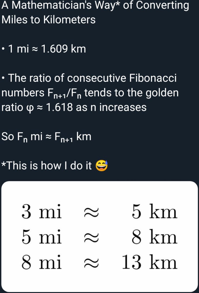 Tamas Gorbe A Mathematician S Way Of Converting Miles To Kilometers 1 Mi 1 609 Km The Ratio Of Consecutive Fibonacci Numbers Fₙ Fₙ Tends To The Golden Ratio F Tamas Gorbe A Mathematician S Way Of Converting Miles To Kilometers 1 Mi 1 609 Km The Ratio Of Consecutive Fibonacci Numbers Fₙ Fₙ Tends To The Golden Ratio F
