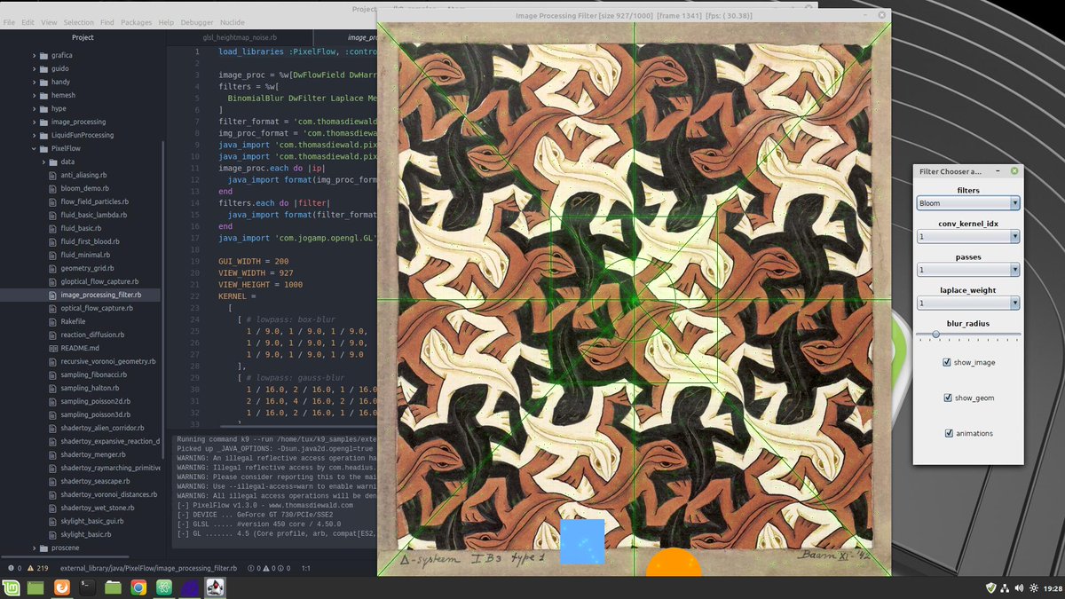 monkstoneT's tweet image. Control Panel  #pixelflow sketch still working nicely in #JRubyArt with latest #Mint. Sketch run from #atom with #atom_k9 package.