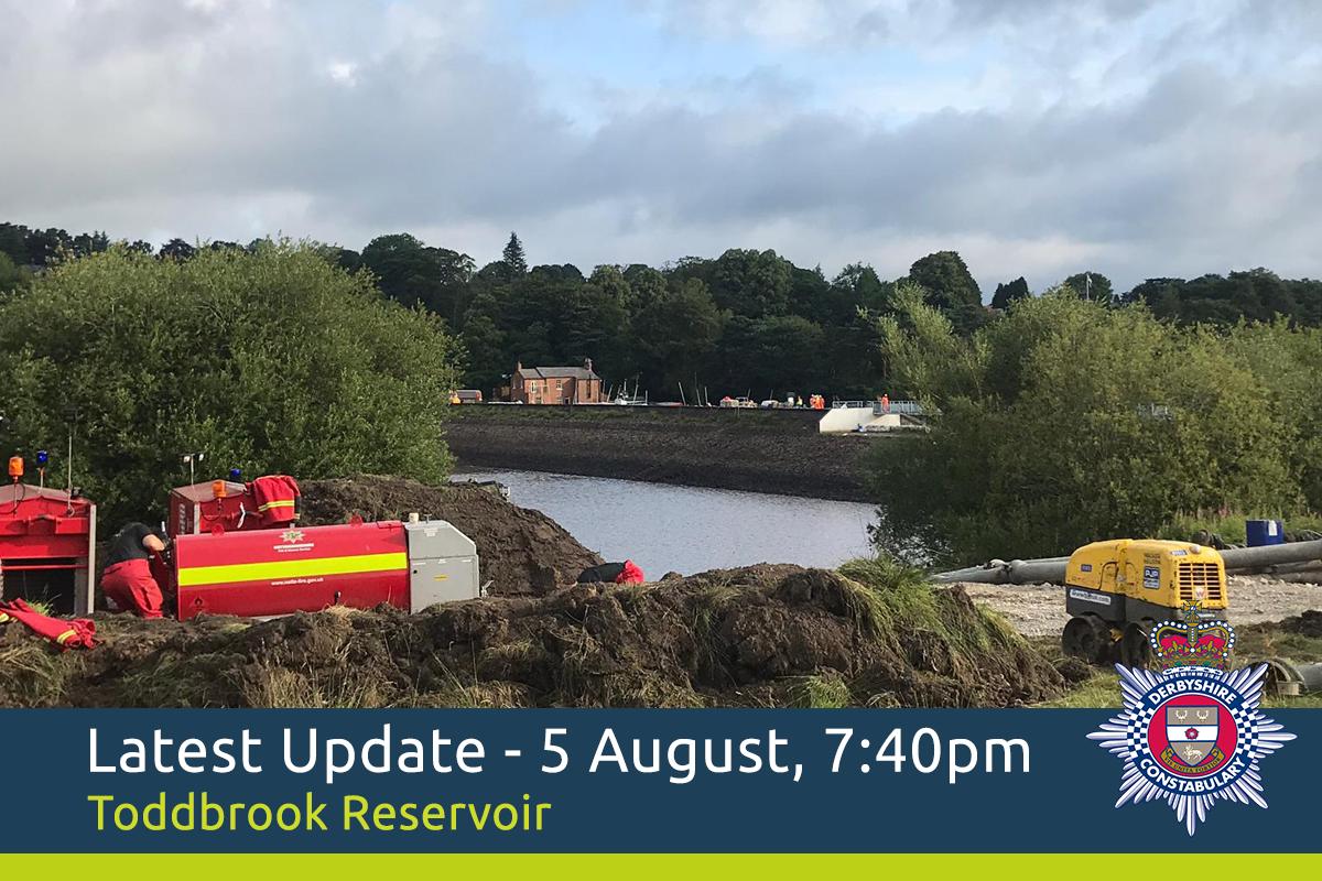 DerbysPolice's tweet photo. The water level at #ToddbrookReservoir has now been reduced by six metres following the continuing efforts of a multi-agency team to ensure the stability of the dam wall.  #WhaleyBridge https://t.co/b7TCQqn3N7 https://t.co/PnM0Ne3AGs