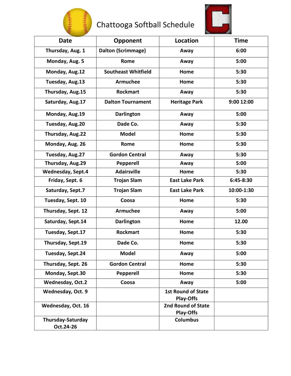 2019-2020 Lady Indians Softball Schedule #ChattoogaStrong