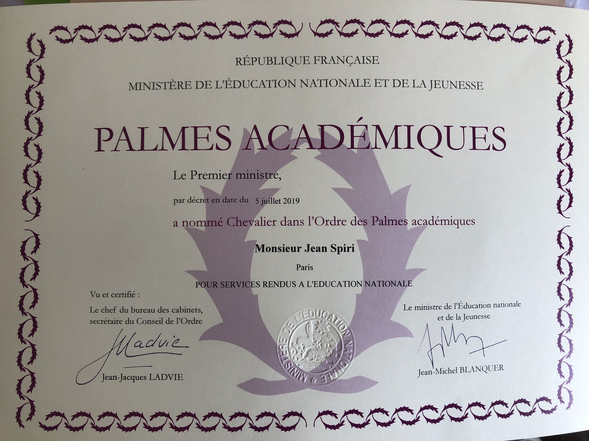 Jean Spiri On Twitter Tres Honore D Avoir Ete Nomme Chevalier Dans L Ordre Des Palmes Academiques Par Jmblanquer Je Ne Sais Si C Est Une Reconnaissance Pour La Politique Educative De Villecourbevoie Courbevoie