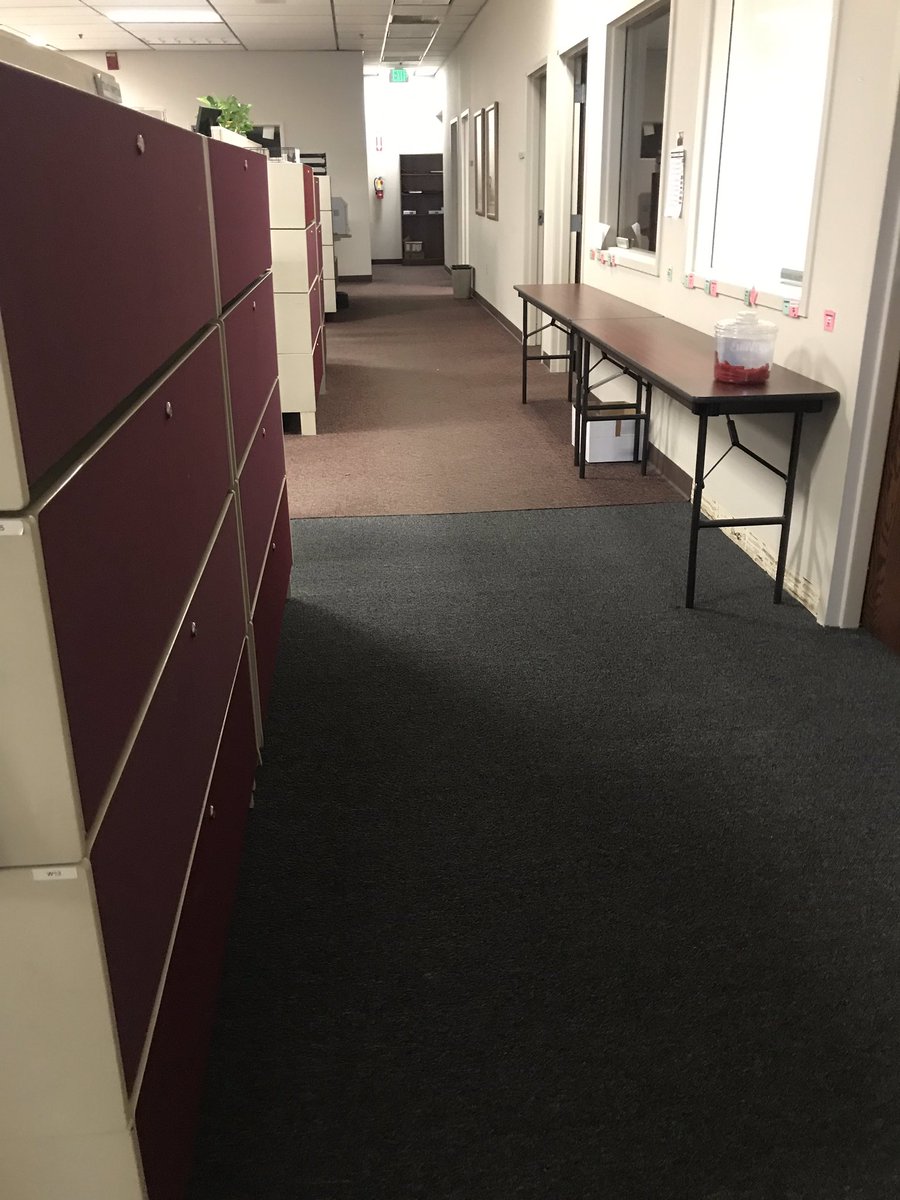 absolutezero83's tweet photo. Most of the ugly red carpet at work has been replaced. Hopefully they update these ugly cabinets and cubicle 😬 https://t.co/zVTnGIwxzR