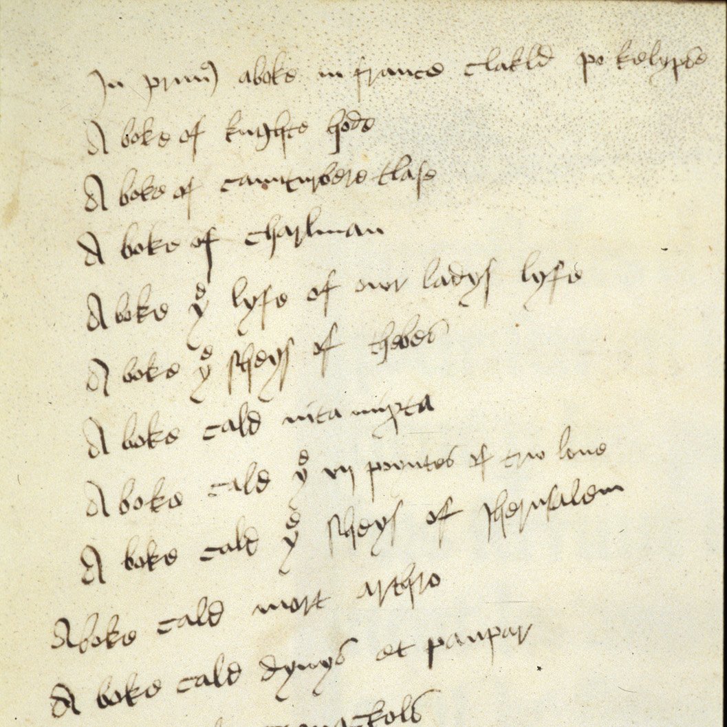 A list of books owned by the Welles family in the 15th century, including 'A boke of knghte hode / A boke of Caunturbere tlase / A boke of Charlman / A boke the sheys of Thebes / A boke cald mort Arthro.'

#CanterburyTales

Royal MS 15 D II, f. 211r
bl.uk/catalogues/ill…