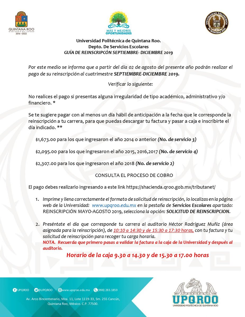 ISoftwareUpqroo's tweet photo. Guía para el pago de servicios. Nos muestras los pasos a seguir para reinscripción. #Favordeleer https://t.co/4Bb8busRxM