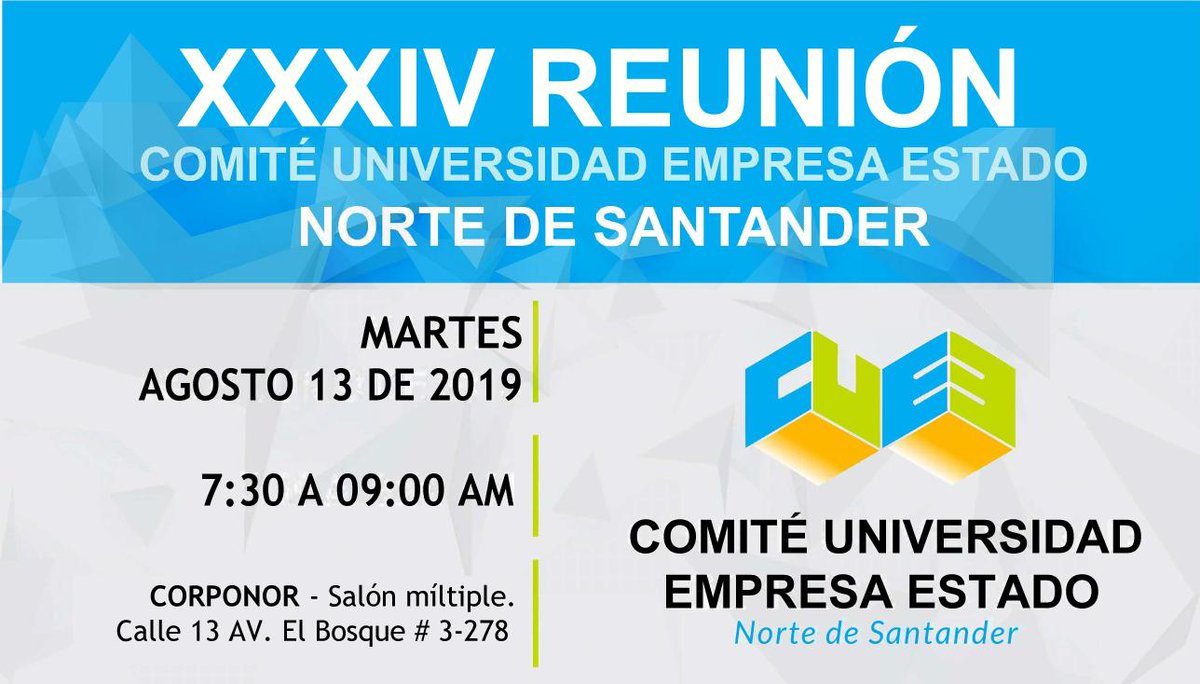 PROEMPRESASCOL's tweet photo. 🗣 Este 13 de Agosto se realizará la Reunión #34 del Comité Universidad, Empresa y Estado (CUEE) de Norte de Santander en las instalaciones de Corponor Norte de Santander 💡 #Cúcuta #CUEE https://t.co/qPVRaP9HSn