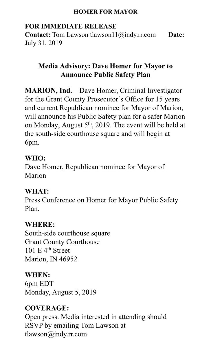 HomerFor's tweet image. 📣 TODAY at 6:00 🕕 PM 
south-side of the Grant Co. Courthouse. 
Come down, listen to David Homer, candidate for Marion Mayor address his plan for Public Safety. 
#DaveHomerForMayor
electhomer.com