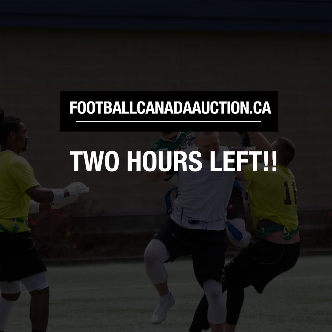 Only 2 hours left to bid and check out the items.

Also means only 2 more hours to buy Mouthguards, Toques, Sweatpants, and other Football Canada Gear!

Remember money goes towards supporting women's football in Canada.

-----&gt; footballcanadaauction.ca   &lt;-----