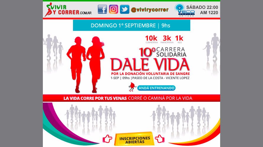 ViviryCorrer's tweet photo. 01 SEP 2019. 10K Dale Vida. Carrera Solidaria. Largada a las 9 de la mañana en el Paseo Costero de Vicente López, un circuito junto al río. Desde 2010 corriendo todos los años para promover la importancia de la donación voluntaria de sangre. 👉https://t.co/dleySOCeKa https://t.co/4vvXqTXx74