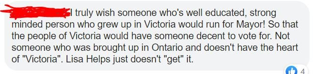 I know Victorians like to think of themselves as open-minded and welcoming, but I've never lived in a place where the "go back where you came from" sentiment is as strong (yes, even Edmonton and Montreal).