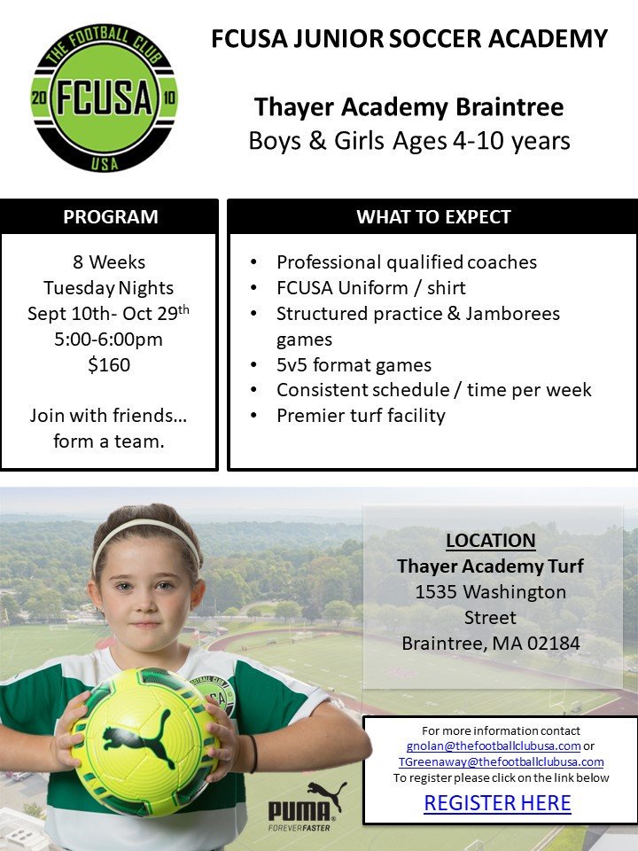 FCUSA Boston Junior Academy locations are available for registration at ma.thefootballclubusa.com/junior-academy. Check out the flyers below for more information and contact Rob Speed with any questions, at rspeed@thefootballclubusa.com

#JoinTheClub