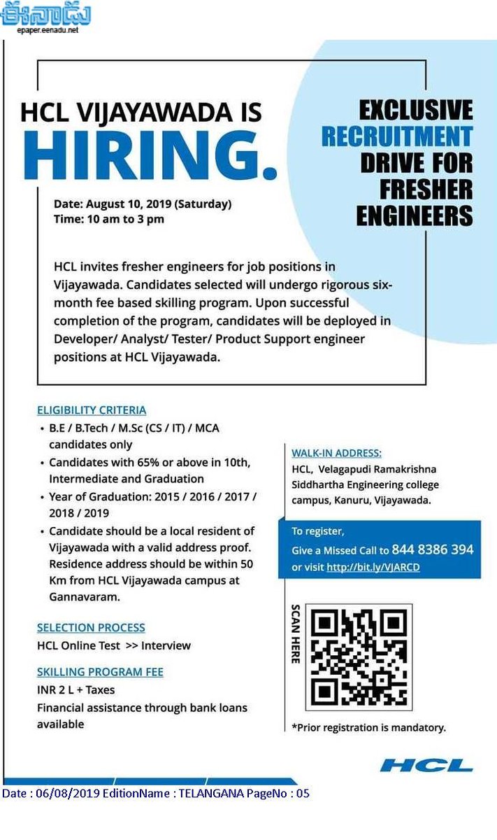 Vijayawada Updates on X: &ldquo;HCL Vijayawada is hiring Year of 