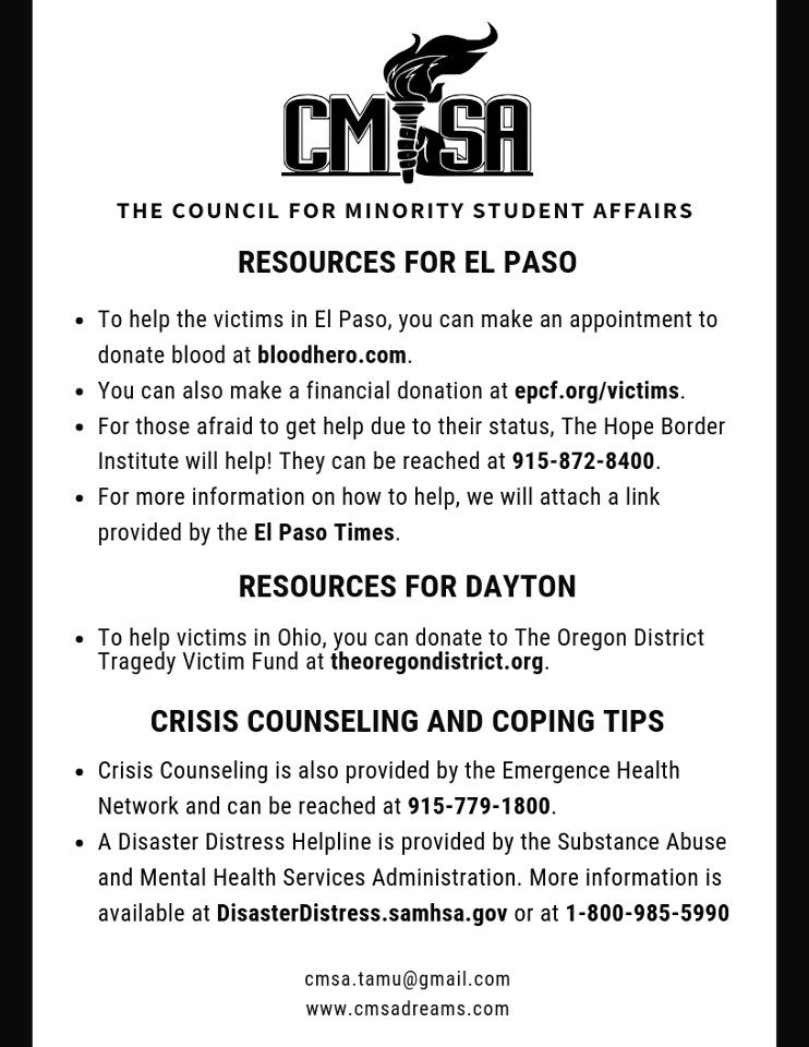CMSAAgs's tweet photo. In light of the tragic events this past weekend in #DaytonOhio &amp; #ElPasoTX ending in the loss of innocent lives, the CMSA Exec board asks you to share &amp; spread all resources intended to help these communities.
#EnoughIsEnough #ImmigrantsAreNotTheProblem 
Read our full statement: https://t.co/roPXVtgqbD