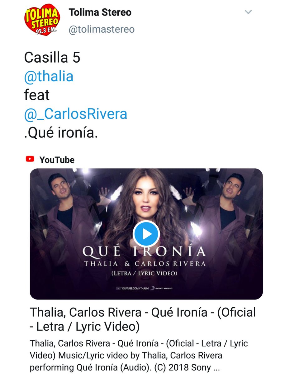 MDCColombia's tweet photo. "QUE IRONIA" SUBE A LA CASILLA 5 EN TOLIMA STEREO

El sencillo "Que Ironía" de @thalia con @_CarlosRivera esta semana sube a la casilla 5 en el Exitolimetro de @tolimastereo!!!

La balada lleva 8 semanas, la semana pasada era #6 y su mayor puesto #5.

@sonymusicmexico @Boomfm991 https://t.co/3iwCMB5NeS