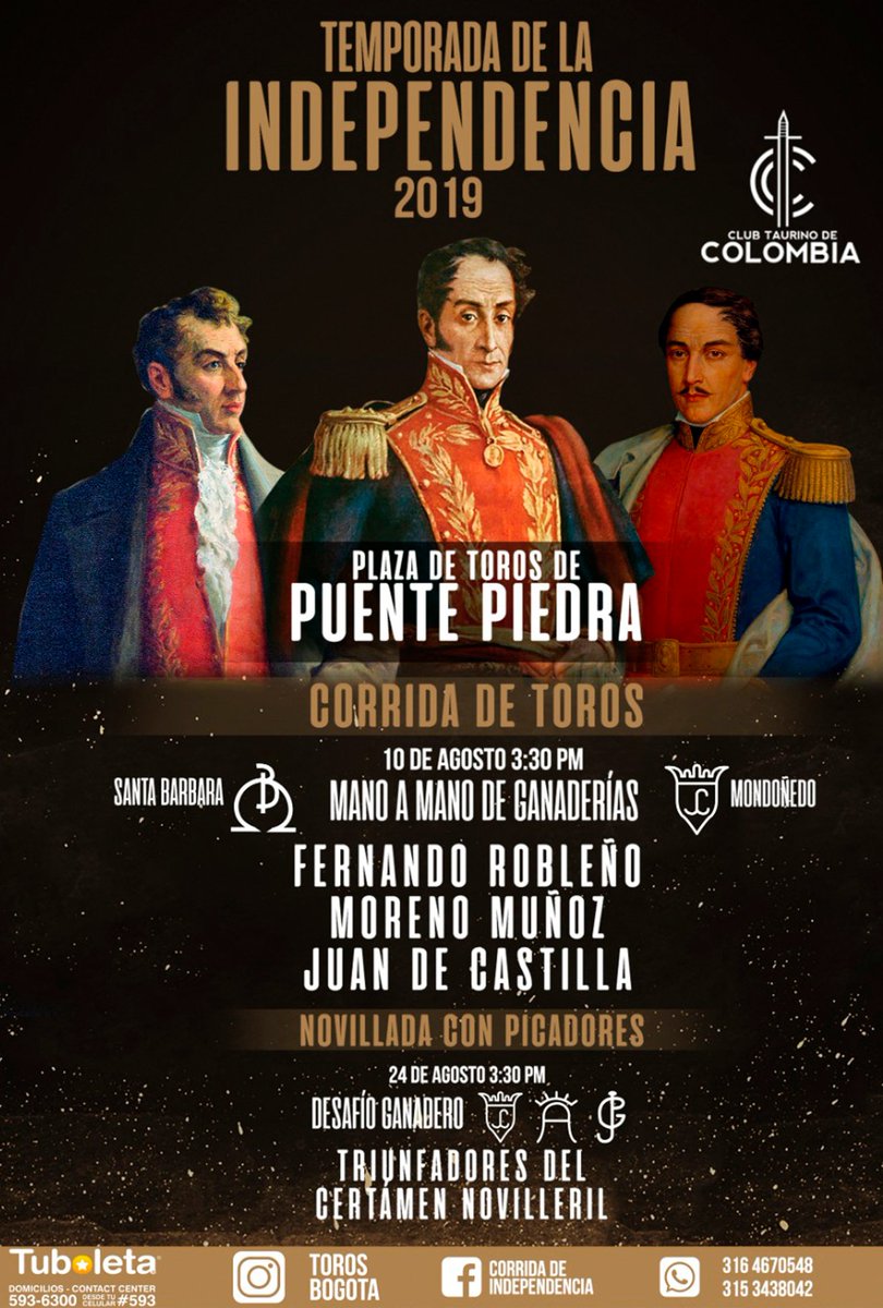 El próximo sábado es la 3ª edición de la Corrida de la Independencia en Puente Piedra. Invitamos a la afición bogotana a que apoye esta buena iniciativa. 🎟👉 bit.ly/2YKBRQd