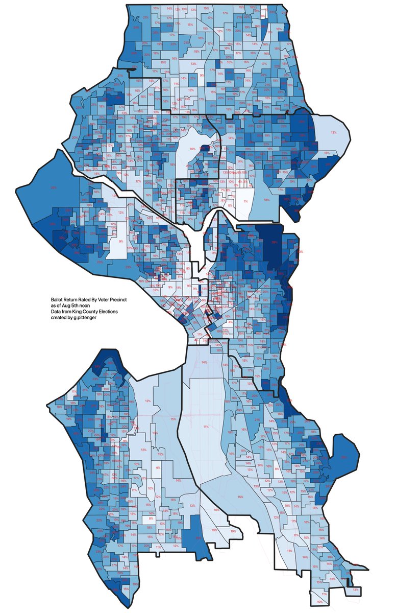 Seattle ballot return rates by precinct, as of Aug 5th noon, for the Aug 6th primary.