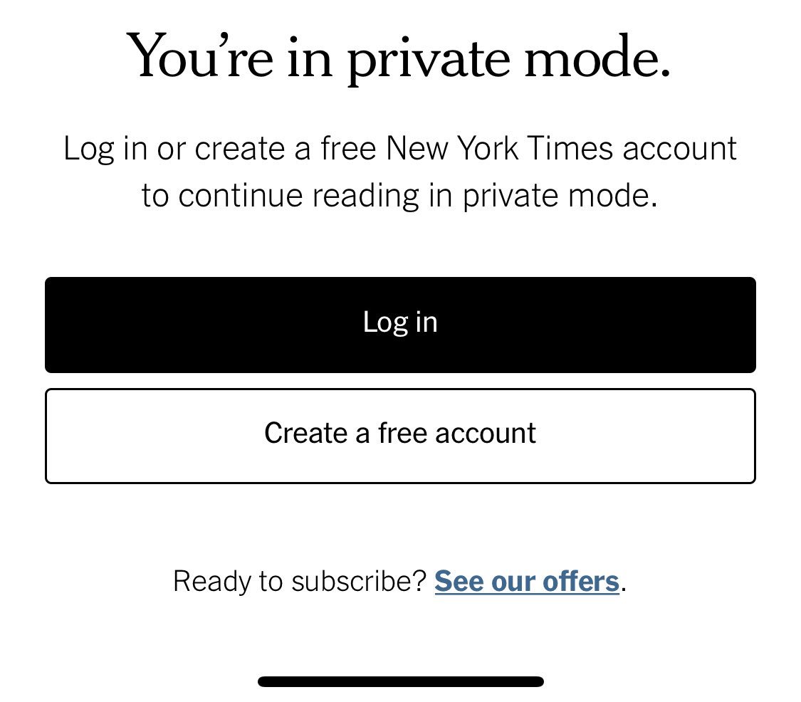 “You’re in private mode” notice on nyt website