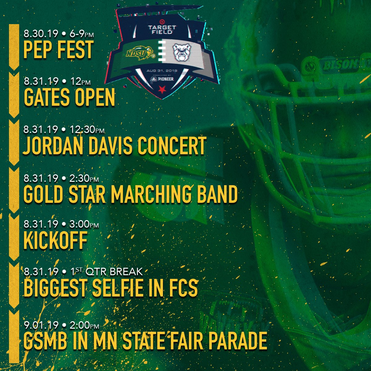 NDSUathletics's tweet photo. Not sure the trip to Minneapolis is worth it to watch @NDSUfootball at @TargetFieldEVNT? Think again. The Twin Cities are about to get the #NDSUExperience and say #hellogreenandyellow 🤘🏼

Save your 💺 &amp; purchase 🎟 today at https://t.co/h4iKZsw2om #BisonPride https://t.co/Tqw0ifExZW