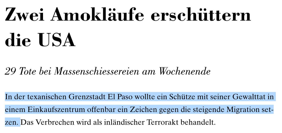 Rechtsextremer Terrorismus, oder wie es die <a href="/NZZ/">NZZ</a> auch nennt: „ein Zeichen gegen die steigende Migration setzen“.
