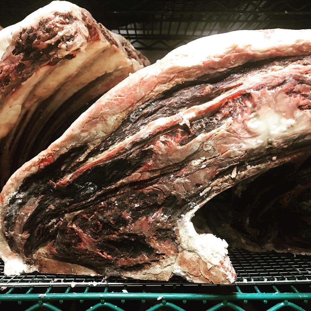 Our dry-aging locker is home to carefully sourced meats like this Highland Orchard Farms grass-fed 103 rib, which is aged for 70 days before being hand-cut, prepared, and served on your plate.