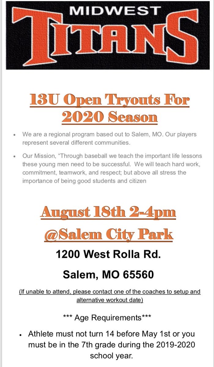 MidwestTitans's tweet photo. Anyone interested in playing 13U Baseball next year!!  Please help spread the word!! #TitansBaseball #Family https://t.co/Wq7bo5Ogsp