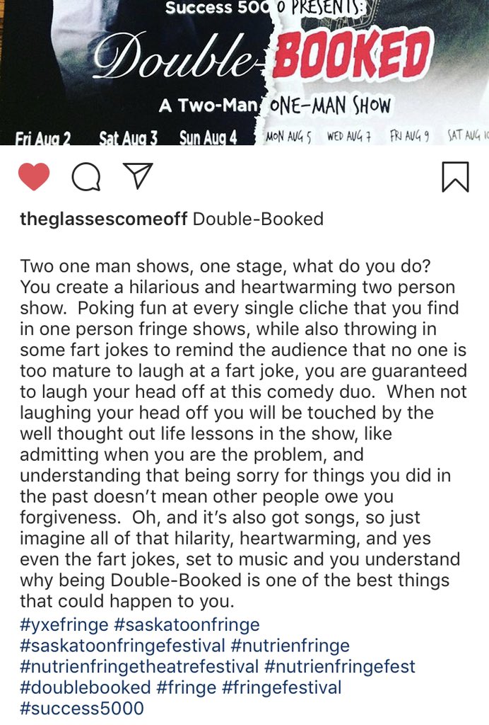 Success_5000's tweet image. more nice words from #yxe! next chance to see Double-Booked is tonight at 9:25! #yxefringe