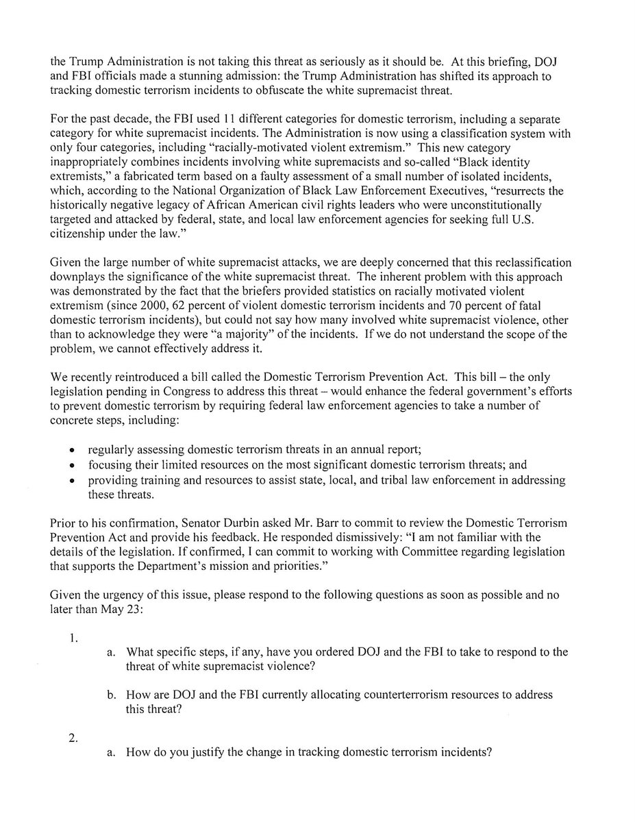 SenatorDurbin's tweet photo. It has been more than 3 months since I led a letter to Attorney General Barr asking what specific steps the Justice Department is taking to combat white supremacist violence. I still have not received a response. https://t.co/Zvukaqb4X8