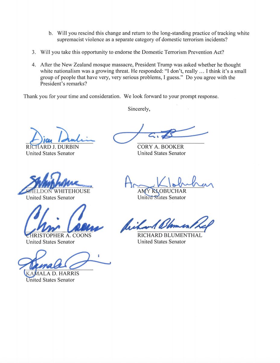 SenatorDurbin's tweet photo. It has been more than 3 months since I led a letter to Attorney General Barr asking what specific steps the Justice Department is taking to combat white supremacist violence. I still have not received a response. https://t.co/Zvukaqb4X8