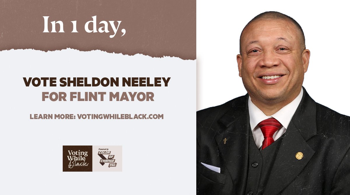 votingwhileblk's tweet photo. Flint, Election Day is tomorrow! Make sure you get to the polls to cast your vote. Polls are open from 7am-8pm! Find your polling place here, and don't forget to vote: https://t.co/XT1me3p3L9 #VotingWhileBlack #SheldonNeeley #FlintVote #FlintMayor #Flint https://t.co/qyNslRBgxd