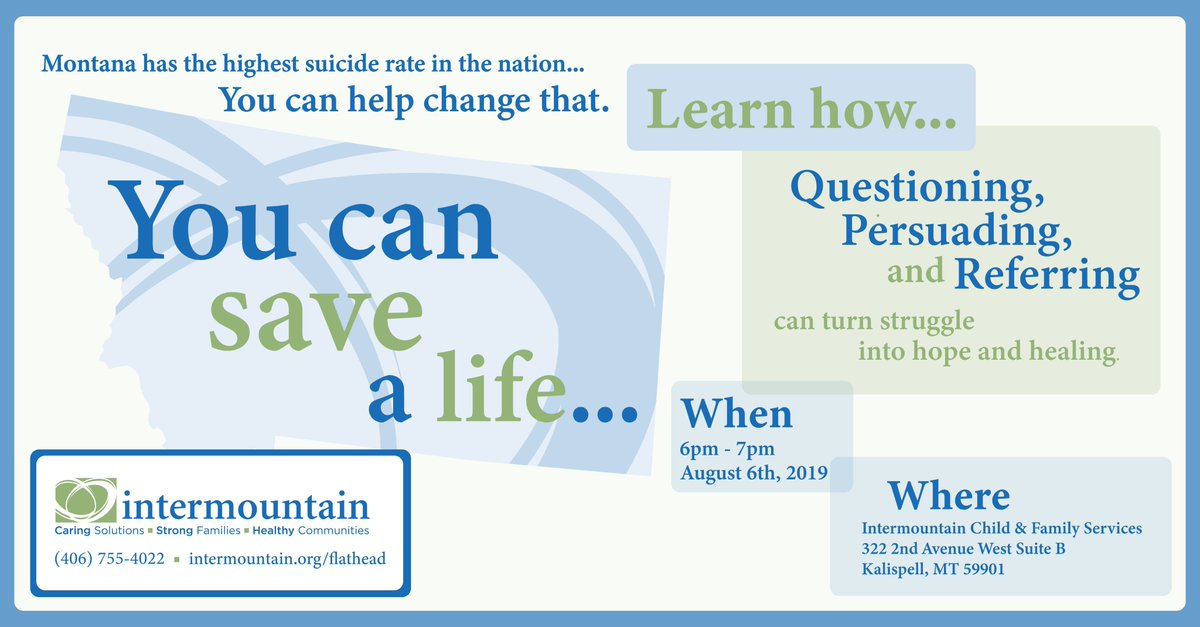 IntermountainMT's tweet photo. Please join us tomorrow in our Kalispell office for this free seminar to learn how we can overcome the problem of suicide in Montana.
https://t.co/7v9Q8qAyu8 …
#SuicidePrevention #IntermountainMT https://t.co/K2iWQOreuG