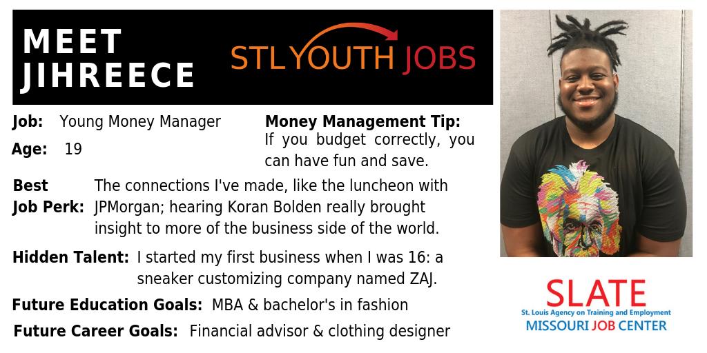 StlYouthJobs's tweet photo. Another fashion expert with a passion for making smart financial choices! Meet @ymmstlcity JihReece. @SLATE_MCC @1stFinancial
@CFEfund @Citi foundation #smartsavings #peertopeer #summerjobsconnect #FutureSTL #smartfinances #moneymanagementtip https://t.co/ld7woB2Yo3