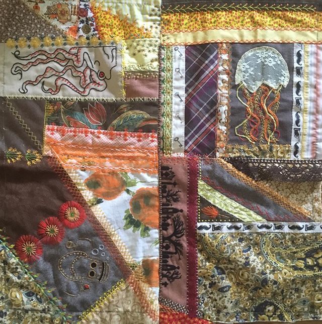 j_wurzbach's tweet photo. Playing a bit of Four Square! Another four of my 35 #quiltsquares together forever on my Orange & Yellow #CrazyQuilt.
#wip #handstitched #needlework #crazypatchwork #scraps #upcycledfabric #improvpiecing #improvpatchwork #improvembroidery #freeembroider… https://t.co/CLsvxYG96r https://t.co/Z8Z7p5EA4h