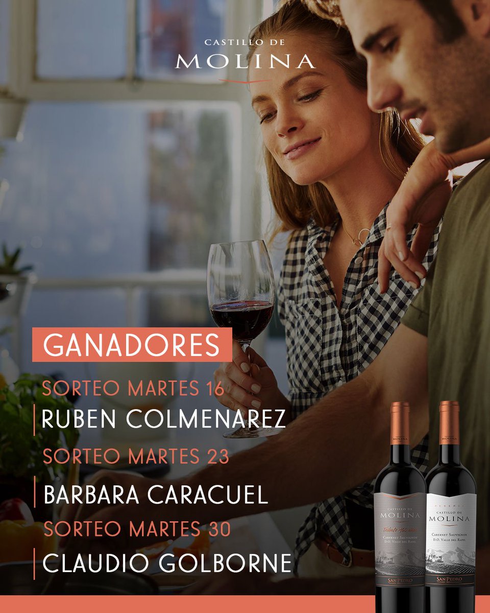 Les presentamos a los ganadores de las últimas semanas de concurso. ¡Felicidades a todos! 👏🏼 serán contactados por correo electrónico. Hoy en la noche anunciaremos al ganador del premio final por un año de Castillo de Molina o una comida para 5 personas, así que atentos. 🍷
