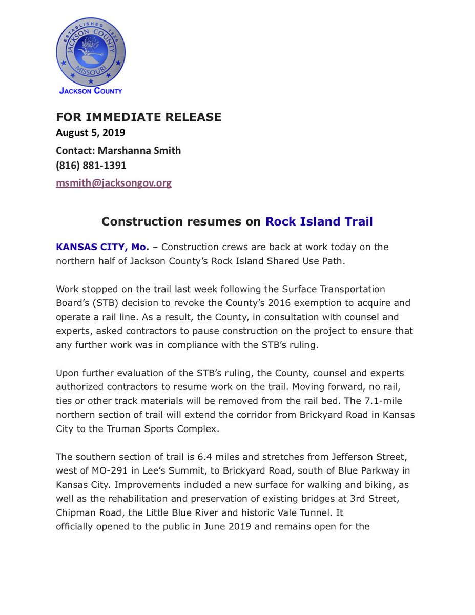 JacksonCo_Rail's tweet photo. #PressRelease: Construction resumes on Rock Island Trail https://t.co/wAnZroaI7X