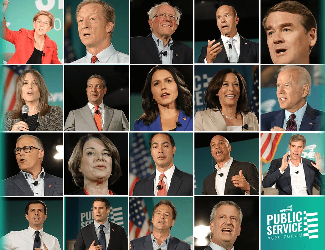 AFSCME's tweet photo. There were differences amongst the 19 presidential candidates at AFSCME’s Public Service Forum in Las Vegas. But they were all united in saying ‘yes’ to expanding collective bargaining rights for public service workers nationwide. https://t.co/39QFvyGIpA #AFSCMEForum #1u https://t.co/C8g86pvvJO