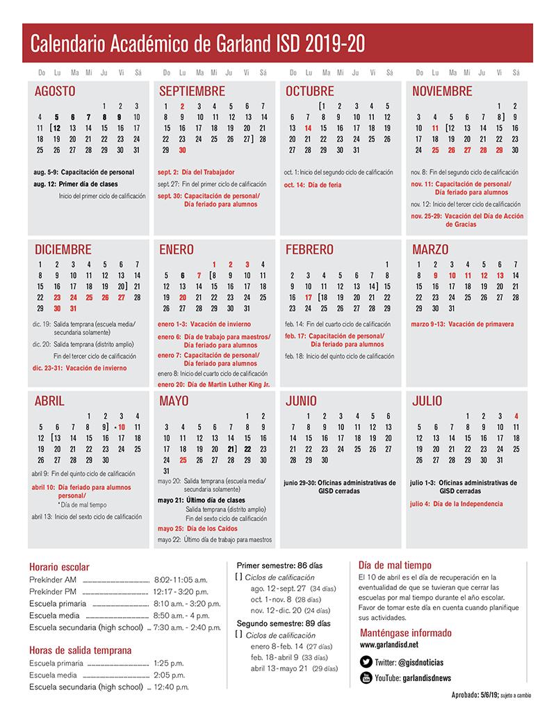 Garland ISD's 2019-20 academic calendar in Spanish. 