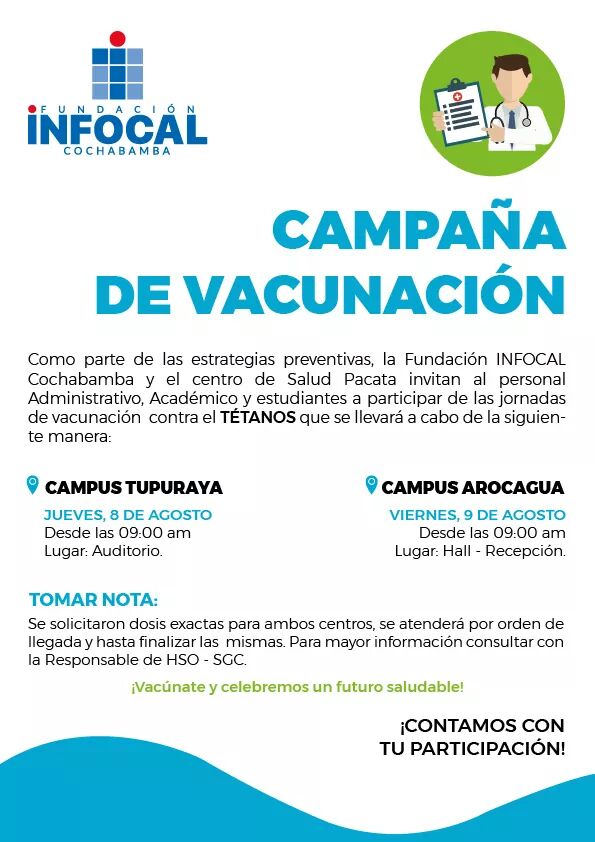 CbbaInfocal's tweet photo. La Fundación INFOCAL Cochabamba y el centro de Salud Pacata invitan al personal  Administrativo, Académico y estudiantes a participar de las jornadas de vacunación  contra el TÉTANOS. https://t.co/zCzuS19Cv3