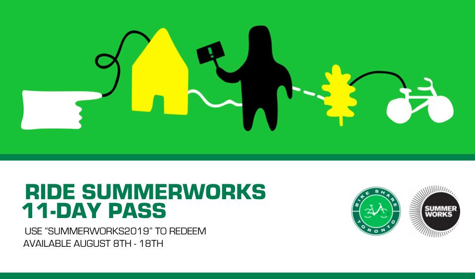 BikeShareTO's tweet photo. .@SummerWorks returns to Toronto from August 8th to August 18th! 🎉

Get our 11-Day Pass for only $15 with code SUMMERWORKS2019! No tickets? No problem! We want to send YOU! Enter to WIN a 4 Ticket Pass - winner announced August 8th.

Details 👉 https://t.co/0STPyUbr7s https://t.co/rL5bSy7xkD